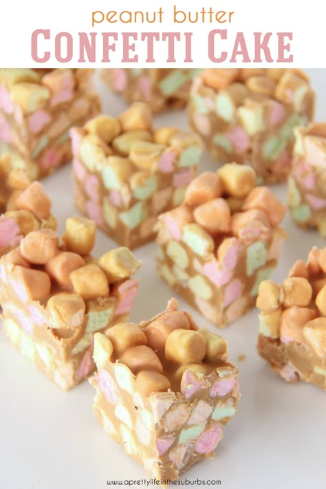 This Peanut Butter Confetti Cake is a family favourite recipe!  Full of delicious peanut butter, butterscotch and marshmallow flavours! Peanut Butter Marshmallow Squares, Easter Egg Sugar Cookies, Yummy Easter Desserts, Peanut Butter Squares, Cookies Healthy, Easy Peanut Butter Cookies, Peanut Butter Marshmallow, Confetti Cake, Butterscotch Chips