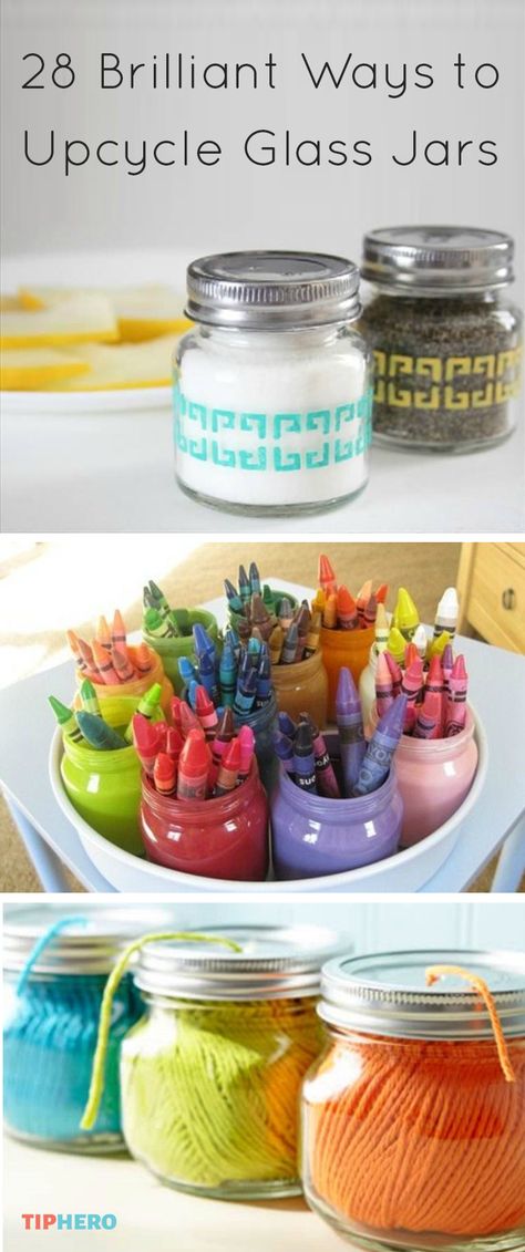 Before you throw away that glass jar, take a look at this collection of ideas on ways to repurpose glass jars. From spice jars to vases to lanterns to soap dispensers. Got an idea of your own? Share it! Click for the full list of projects.   #diy #crafts #arts #ideas Repurpose Glass Jars, Upcycle Glass Jars, Craft Storage Diy, Crafts With Glass Jars, Arts And Crafts For Teens, Art And Craft Materials, Easy Arts And Crafts, Mason Jar Gifts, Jar Diy