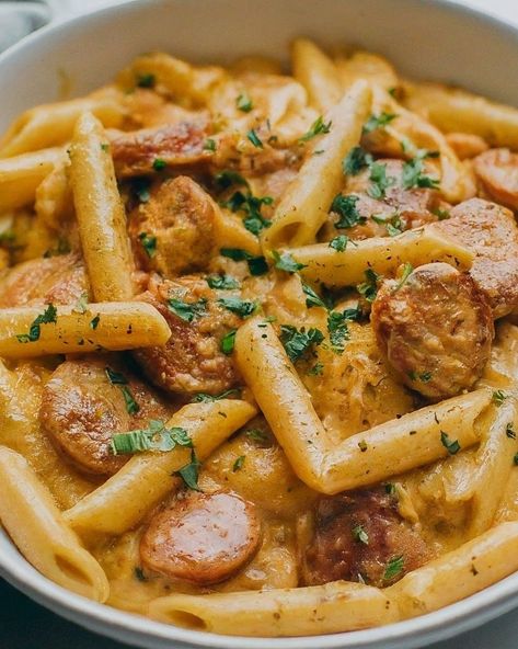 Creamy Cajun Sausage Pasta 2 Cajun Sausage Pasta, Sausage Pasta Recipe, Smoked Sausage Pasta, Cajun Sausage, Sausage Pasta Recipes, Cajun Pasta, Rotini Pasta, Sausage Links, Pasta Dinner Recipes