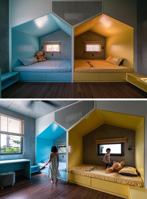 This modern bedroom, which features wood floors, has two mini 'houses' that define the separate sleeping areas for the children. The houses, each with their own window, create a little nook for each child, giving them their own space when needed, while a combined shelf and desk is color matched to the bed. #KidsBedroom #BedroomDesign #SharedKidsBedroom #ChildrensBedroom #ModernKidsBedroom Children’s Room, Two Children Bedroom, Children Bedroom Design, Bedroom For Two, Kids Bed Design, Children's Bedroom Ideas, Kids Shared Bedroom, Renovation Diy, Modern Kids Bedroom