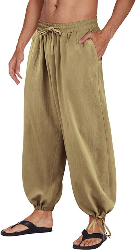 COOFANDY Men's Cotton Linen Pants Causal Drawstring Elastic Waist Harem Pants Lightweight Bloomer Trousers Loose Yoga Pants at Amazon Men’s Clothing store Bohemian Chic Dresses, Y2k Cardigan, Cardigan Y2k, Cotton Harem Pants, Hippie Top, 70s Outfits, Hippie Tops, Y2k Sweater, Weird Fashion