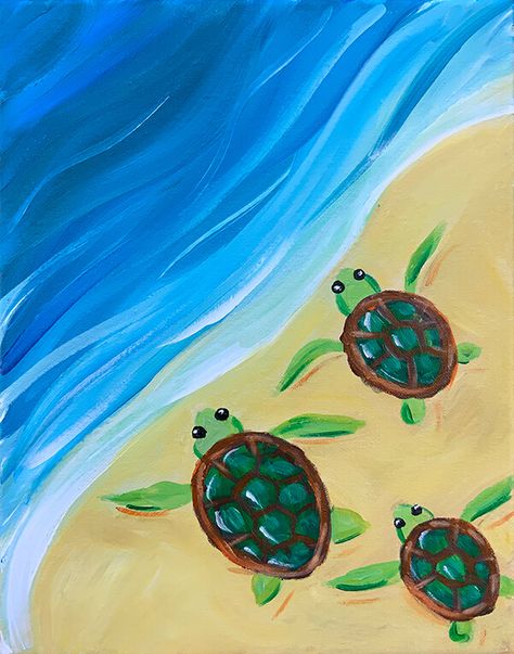 Turtle On Beach Drawing, Simple Sea Turtle Painting, Turtle Painting Ideas On Canvas, Ocean Turtle Painting, Beach Painting With Turtles, Summer Beach Painting Ideas, Cute Water Paintings Easy, How To Paint Sea Turtles, Turtle Easy Painting