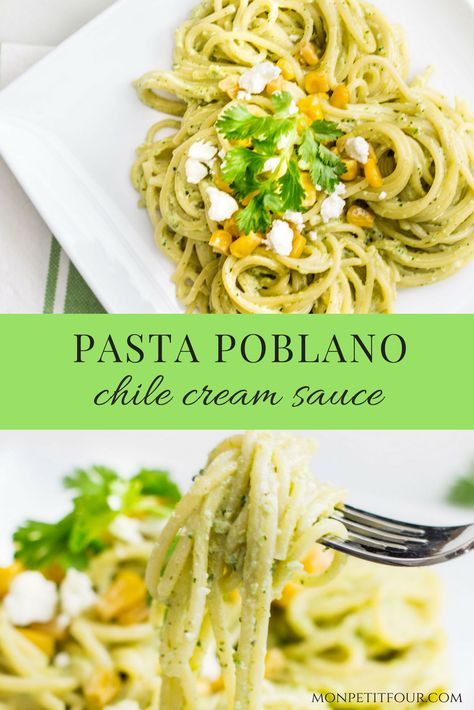 Cheese Free Recipes, Spaghetti With Poblano Sauce, Chile Poblano Spaghetti Recipe, Pablano Pepper Spaghetti, Poblano Chicken Pasta, Poblano Pepper Pasta Recipes, Spaghetti Verde Chile Poblano, Chicken Poblano Pasta, Pablano Pepper Pasta