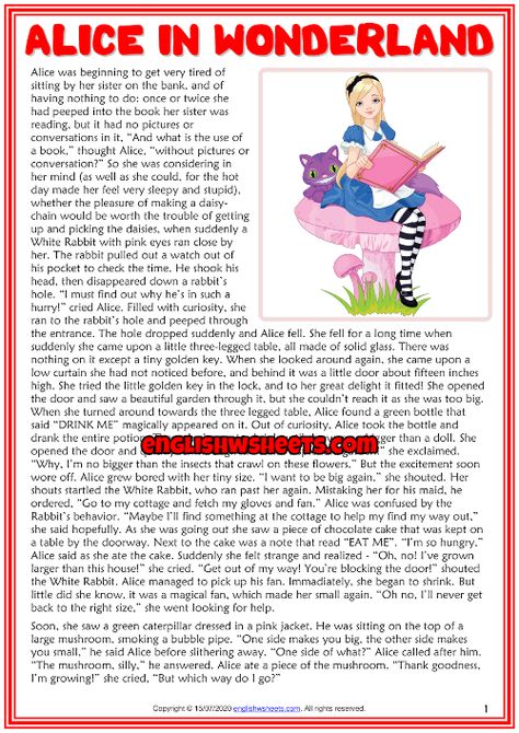 Alice in Wonderland ESL Reading Text Worksheet For Kids Reading Worksheets For 2nd Grade, Fairy Tale Story, English Stories For Beginners, Alice In Wonderland Literacy Activities, Alice In Wonderland Worksheets, Alice In Wonderland Activity Sheets, Alice In Wonderland Infographic, Back To School Art Activity, Stories With Moral Lessons