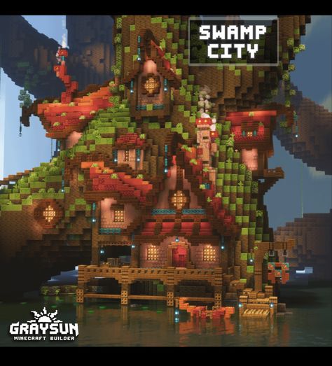 Minecraft Swamp Build, Mangrove House Minecraft, Minecraft Swamp, Swamp City, Minecraft Fantasy House, Minecraft Medieval House, Fantasy Minecraft, Minecraft Village, Minecraft Structures