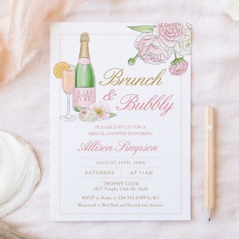 Elegant Floral Bridal Brunch and Bubbly Invitation Fiesta Bridal Shower Invitations, Bridal Shower Brunch Invitations, Bridal Shower Champagne, Brunch And Bubbly, Wedding Announcement Cards, Fiesta Bridal Shower, Brunch Bubbly, Bridal Brunch Invitations, Bridal Luncheon