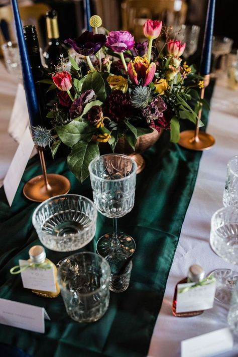 Jewel Tone Wedding Table, Emerald Green Table Runner, Emerald Green Table, Rose Gold Table Decor, Purple Table Settings, Gold Table Decorations, Sapphire Blue Weddings, Green Tablescape, Blue Taper Candles