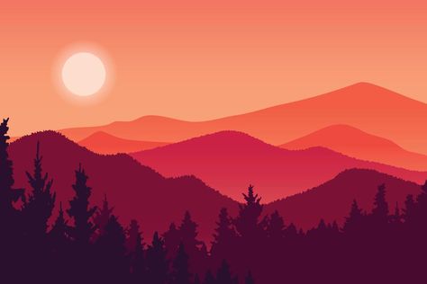 Mountain Silhouette Painting, Sunset Mountain Painting, Mountain Drawing Simple, Sunset Vector Illustration, Forest Vector, Red Silhouette, Sunset Illustration, Cooler Ideas, Monochromatic Art