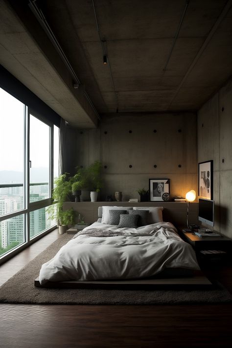 This apartment is perfect for anyone who loves a rough industrial style interior. The bare concrete walls create a unique setting. From the windows you can see the whole city. Dark wooden floor, big mattress bed on a soft carpet, iMac workstation, shelf with house plants and framed wall art. Round blob shaped table lamp. Bed On Ground, Bedroom Ideas Bed On Floor, Brutalist Bedroom Interior, Concrete Floor Bedroom, Concrete And Dark Wood Interior, Dark Wood Floors Bedroom, Floor Mattress Bedroom Ideas, Dark Wood Floor Bedroom Ideas, Mens Bedroom Low Bed