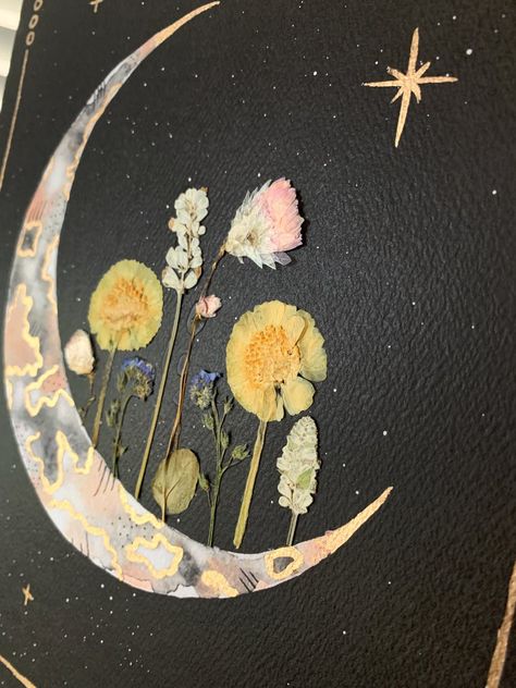 EMBELLISHED PRINT: Blooming Crescent watercolor | Etsy Preserve Flowers, Watercolor Wallpaper Iphone, Moon Artwork, Pressed Flower Crafts, Vintage Inspired Art, Abstract Flower Art, Moon Painting, Pressed Flower Art, 8x10 Frame