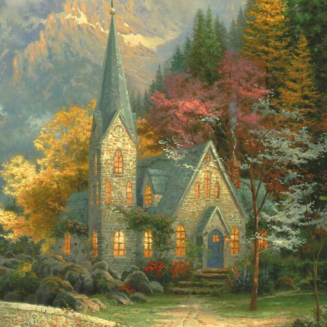 Thomas Kinkade (1) Thomas Kinkade Art, Thomas Kinkade Paintings, Thomas Kincaid, Flower Stencil Patterns, Kinkade Paintings, Thomas Kinkade Disney, Pretty Artwork, Fairytale Cottage, Religious Pictures