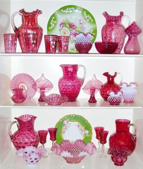 Everything Vintage And Shabby | Absolutely beautiful Cranberry glass collection | Facebook Cranberry Glassware, Raspberry Cottage, Glassware Display, Crystal Ideas, Beautiful Glassware, Sugar Plums, Fenton Glassware, Grist Mill, Antique Dishes