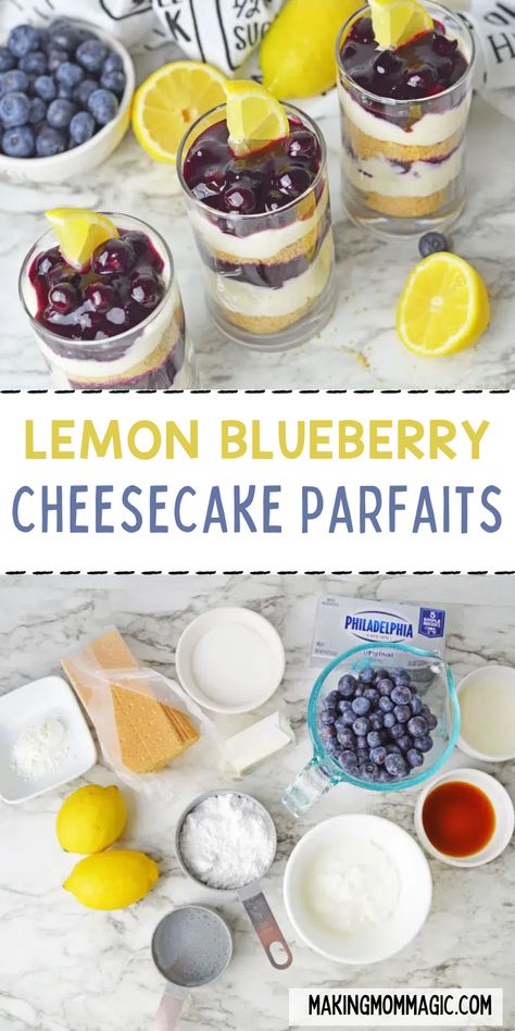 These lemon blueberry cheesecake parfaits are the perfect no-bake Summer dessert. Blueberry Summer Desserts, Blueberry Lemon Dessert, Lemon Blueberry Desserts, Blueberry Cheesecake No Bake, Dessert Cups Easy, Lemon Blueberry Parfait, Lemonade Ideas, Cheesecake Cups Recipe, Cookout Desserts