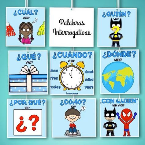 Palabras interrogativas en español. This set includes the most used question words in Spanish. These colorful posters are great to decorate your classroom.  A "Spanish only" version is included in this set. Spanish Question Words, Words In Spanish, Spanish Questions, Question Words, Spanish Basics, Spanish Posters, Colorful Posters, Spanish Learning, Teacher Tips