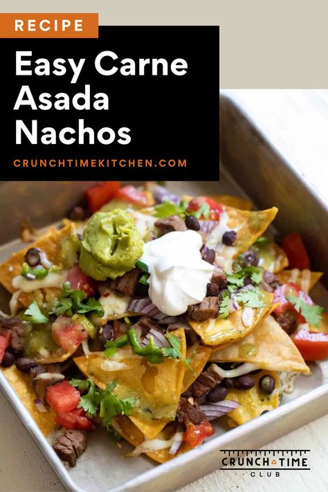 Easy Carne Asada Nachos. These cheesy messy nachos are made with beef and covered with delicious fresh toppings. These fully loaded nachos start with homemade chips and a spicy carne asada, then topped with all your favorite nacho toppings including sour cream and guacamole. This easy recipe is perfect for Tex-Mex lovers and Carne Asada lovers! Learn here how to make homemade tortilla chips and a quick and easy homemade carne asada. Nachos Toppings, Homemade Carne Asada, Carne Asada Nachos, Asada Nachos, Classic Nachos, Easy Carne Asada, Nacho Toppings, Homemade Tortilla, Homemade Tortilla Chips