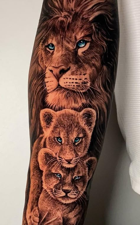 Eye-Catching Lion Tattoos Lion Two Cubs Tattoo, Lion And Two Cubs Tattoo Father, Lion And Cubs Tattoo Design, Lion Lioness And Cub Tattoo, Lion And Lion Cub Tattoo, Two Cubs Tattoo, Lion With Cubs Tattoo, Lion And Cub Tattoo Father, Lion Family Tattoos For Men