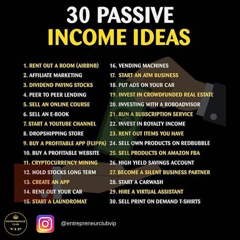 30 Passive Income Ideas 💰 - - - #entrepreneur #entrepreneurquotes #entrepreneurlife #entrepreneurgoals #entrepreneurmindset #entrepreneurship #entrepreneurmotivation #entrepreneurial #entrepreneurtips #mindset #mindsetquotes #mindsetcoach #mindsetiseverything #millionairemindset #success #successquotes #successtips #successful #successmindset #business #businessideas #businessowner #businessstrategy  #investment #invest #investinyourself #wealthylifestyle #wealth #rich #millionairelifestyle Peer To Peer Lending, Passive Income Business, Startup Business Plan, Money Strategy, Passive Income Ideas, Money Management Advice, Money Saving Strategies, Money Making Jobs, Financial Life Hacks