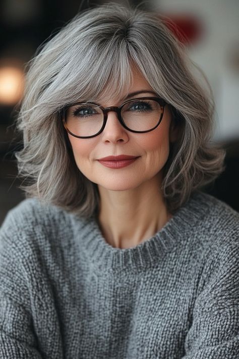 22. Layered Bob with Bangs in Smoky Gray (Hairstyles For Women Over 60 With Glasses) - Hairstyles For Women Over 60 With Glasses Gray Hairstyles For Women, Shoulder Length Hair With Bangs, Grey Hair With Bangs, Grey Bob Hairstyles, Layered Bob With Bangs, Older Women's Hairstyles, Trendy Short Hairstyles, Gray Hairstyles, Rectangular Glasses