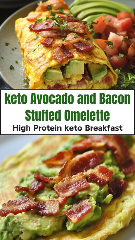 Keto Avocado and Bacon Stuffed Omelette – the ultimate low-carb breakfast packed with creamy avocado, crispy bacon, and melty cheese! Perfect for a satisfying morning boost, this easy keto-friendly omelette is loaded with healthy fats and protein to keep you fueled. No Carb Brunch Ideas, 0 Carb Breakfast, Real Keto Recipes, Non Carb Breakfast Ideas, Keto Meals Breakfast Easy, Easy Healthy Breakfast For Work, No Carb Breakfast Ideas High Protein, Keto Breakfast Skillet, Keto Breakfast For Kids