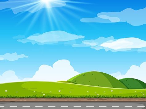 Sun and clouds in bright blue sky | Premium Vector #Freepik #vector #sky #sky-illustration #cartoon-sky #nature-illustration Cute Sky Pictures Cartoon, Sky Cartoon Background, Sky Illustration Cloud, Sky Animation, Sky Clipart, Sky Cartoon, Cartoon Spaceship, Road Background, Drawing Sky