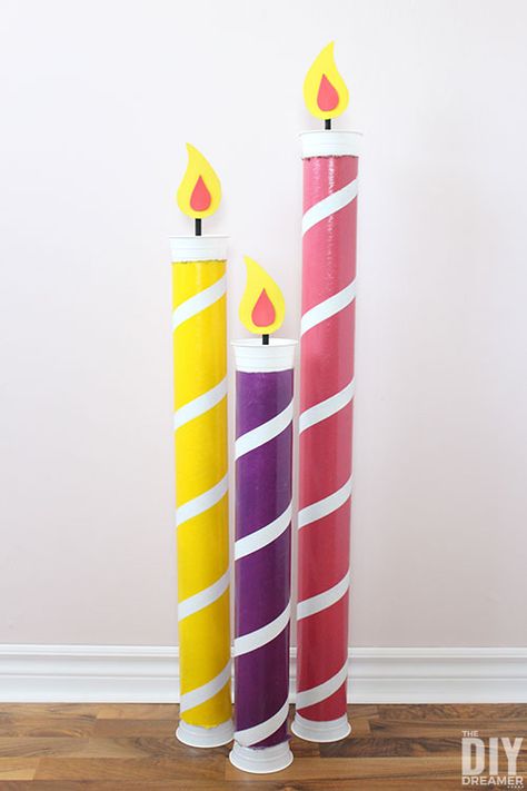 Learn how to make giant birthday candles. These are fun birthday props that can be used year after year. DIY birthday decoations. DIY giant birthday Candles. DIY birthday candles. Diy Big Candles, Diy Birthday Candles, Pool Noodle Birthday Candles, Bedroom With Pink Walls, Pool Noodle Candles, Diy Party Props, Birthday Candles Diy, Jesus Birthday Party, Giant Candles