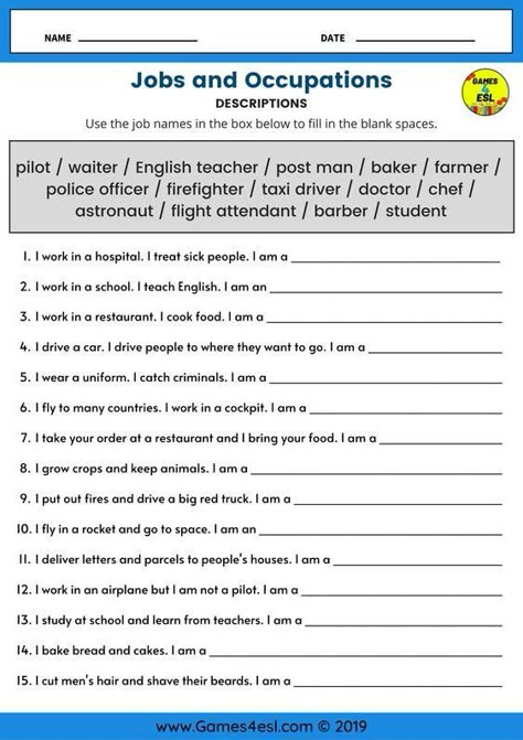 Esl Jobs And Occupations, Job Description Worksheet, Write About Yourself Worksheet, Esl Worksheets Intermediate, Jobs Worksheets For Kids, Occupation Worksheet, English Lessons For Beginners, Job Vocabulary, Jobs In English