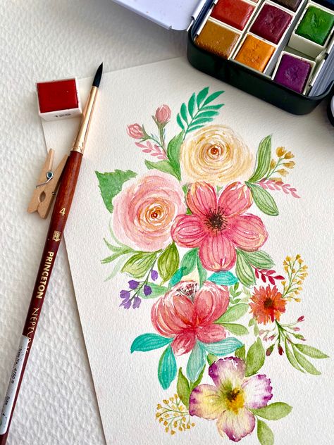 Flowers Bunch Drawing, Flower Bunch Drawings, Bunch Of Flowers Painting, Bunch Of Flowers Drawing, Bush Drawing, Paintings Easy, Flower Bunch, Project Work, Detailed Coloring Pages