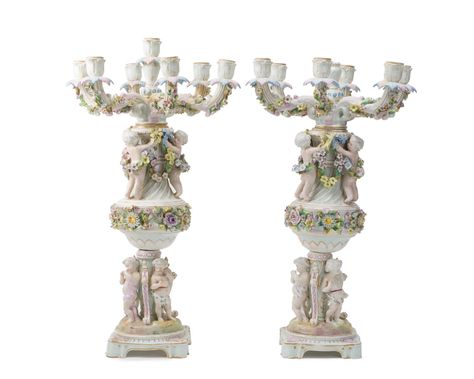 Lot - A pair of Meissen-style candelabra Antique Candelabras, Silver Candelabra, Glass Candelabra, Porcelain Candle Holder, Meissen Porcelain, Candle Cups, Dresden Porcelain, Single Candle, Napoleon Iii