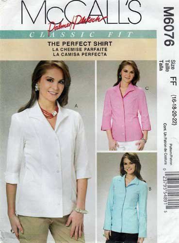 Women's Wing Collar Shirt Sewing Pattern, Classic Fit, Size 16-18-20-22 Uncut McCall's M6076 6076 Wing Collar Pattern, Wing Collar Shirt, Threads Magazine, Shirt Sewing Pattern, Wing Collar, Perfect Blouse, Patterns Sewing, Paper Sewing Patterns, Vogue Patterns