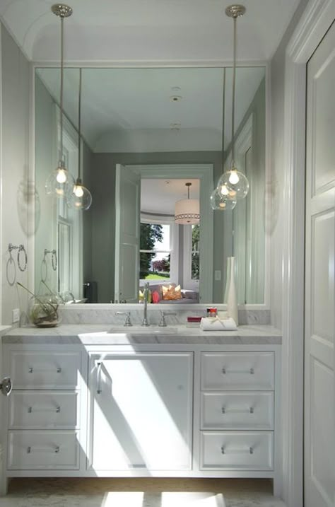 Pendant lighting for bathroom vanity. A different take on typical lighting. #bathrooms #lighting #vanity Bathroom Ceilings, Built In Vanity, Bath Inspiration, Bathroom Pendant, Lighting Tips, Bathroom Lights, Bathroom Pendant Lighting, Bathroom Ceiling, Master Bath Ideas