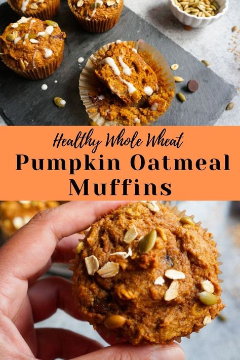 The Best Fall breakfast recipe. These healthy pumpkin muffins are made with freshly milled whole wheat flour, rolled oats, pumpkin puree, yogurt along with chocolate chips. These are moist satisfying goodies that you can enjoy guilt free. | #pumpkinmuffins #wholewheatmuffins | healthy fall muffins | pumpkin oatmeal muffins | pipingpotcurry.com Pumpkin Breakfast Muffins, Healthy Pumpkin Oatmeal Muffins, Whole Wheat Pumpkin Muffins, Healthy Pumpkin Oatmeal, Pumpkin Oat Muffins, Pumpkin Oatmeal Muffins, Fall Muffins, Zucchini Chocolate Chip Muffins, Oatmeal Muffin Recipes