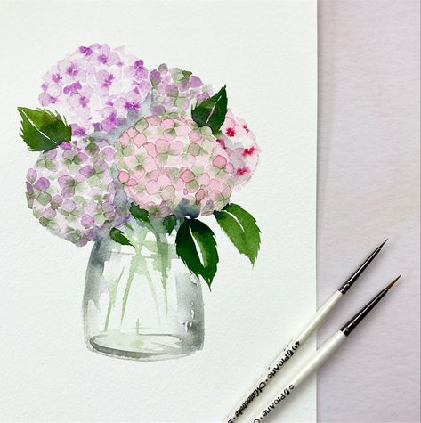 Watercolor Vase Tutorial, Hydrangea Watercolor Painting, Watercolour Poppies, Botanical Art Drawing, Hydrangea Watercolor, Watercolour Leaves, Loose Watercolour, Watercolor Hydrangea, Paintings Tutorials