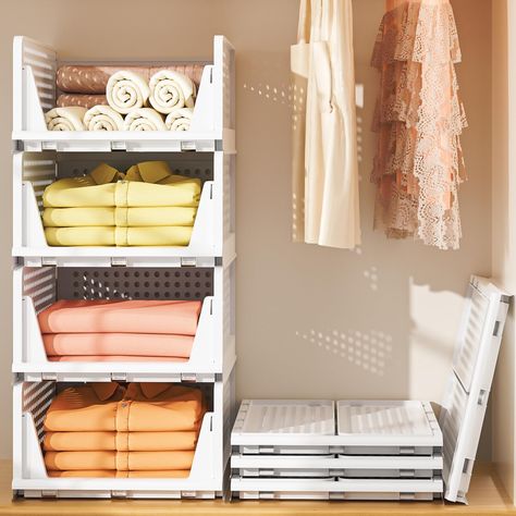 PRICES MAY VARY. 【Multi-Functional】The stackable storage bins are perfect for storing all kinds of items such as t-shirts, towels, clothes, toys, snacks, books, files, etc. Suitable for closet, dorm room, bathroom, kitchen, living room, office. Each drawers size is 16.9”L x 13.1”W x7.3”H. 【Maximize Storage Space】The closet organizer is stackable which makes the home vertical space organized. Freely stack and adjust the quantities of closet storage to best fit your closet or storage space. The cl Storage Bins Closet, Closet Dorm, Drawers For Closet, Apartment Closet Organization, Folding Wardrobe, Plastic Storage Drawers, Stackable Shelves, Closet Shelf, Clothes Toys