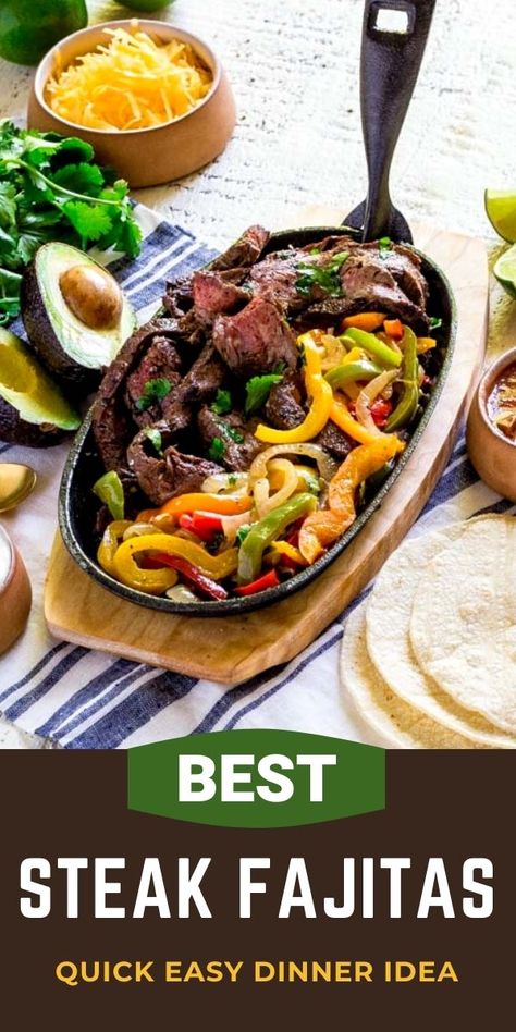 This easy recipe produces the best steak fajitas! These sizzling fajitas are tender, juicy and deeply satisfying. This authentic Mexican recipe goes from stovetop to table in less than 30 minutes. Delicious strips of beef are infused with classic Mexican flavors from an easy steak fajita marinade. They're grilled and served with veggies and flavorful condiments. Fajitas are ideal for mid-week meals. They're also the perfect party food for Cinco de Mayo and Taco Tuesday! #fajitas #steakfajitas Authentic Steak Fajitas, Mexican Fajitas Authentic, Beef Sizzlers Recipes, Steak Flautas Recipe, Sizzler Steak Recipes, Fahijatas Recipe, Best Steak Fajitas, Beef Fajita Marinade, Nachos Recipe Beef