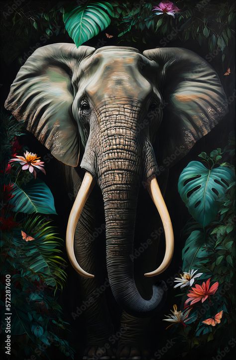 Portrait of an elephant among roses and palm leaves By haitham African Animal Art, Elephant Portrait, Elephant Jungle, Colorful Jungle, Elephant Photography, Elephant Artwork, Elephant Wallpaper, Elephants Photos, Tropical Background