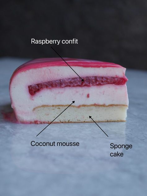 Raspberry and coconut mousse cake – The Pastry Nerd Raspberry Entremet Recipe, Raspberry Cremeux Recipe, French Mousse Cake, Coconut Mousse Cake, Coconut Mousse Recipe, Mousse Cake Decoration Ideas, Entrements Cake, Dome Entremet, Entremet Cake Recipe