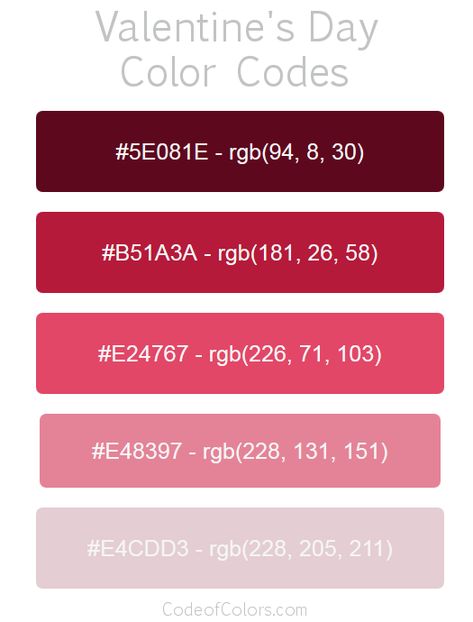 Valentine's Day Color Palette - Hex and RGB Color Codes Royal High Color Palette, Color Palette Royale High, Royal High Color Palette Codes, Rgb Color Palette Codes, Royale High Color Palette Codes, Royale High Color Palletes, Rgb Color Palette, Color Palette Valentines Day, Rgb Color