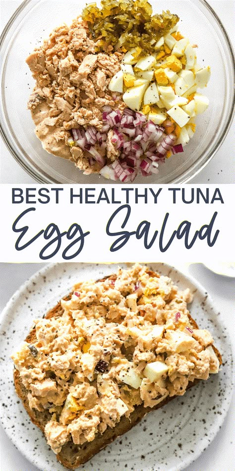 This healthy Tuna Egg Salad has quickly become my favorite choice for a high-protein lunch or snack since it is so satisfying and nutritious. It's a wonderful blend of tuna and egg salad, tossed in a creamy, flavorful dressing that's enriched with pickle relish and crisp red onion. It's perfect for those following Paleo, low-carb, gluten-free, dairy-free, or Whole30 diets. Tuna And Egg Salad Sandwich, Tuna Healthy Salad, Artichoke Tuna Salad, Healthy Tuna Egg Salad, Healthy Tuna Recipes Clean Eating, Healthy Tuna Breakfast, Tuna Egg Salad Recipe Healthy, Tuna And Veggies, Tuna Snacks Healthy