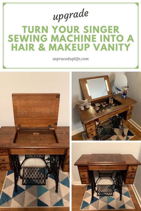 Want a unique way to reuse your singer sewing machine table? Update it into a hair and makeup vanity! #singer #vanity #reuse #refurbished Singer Sewing Machine Makeup Vanity, Sewing Table Makeup Vanity, Sewing Machine Makeup Table, Old Singer Sewing Machine Ideas Diy, Singer Sewing Machine Vanity, Sewing Machine Vanity Makeup, Sewing Machine Makeup Vanity, Singer Table Repurpose, Antique Sewing Machine Table Repurposed