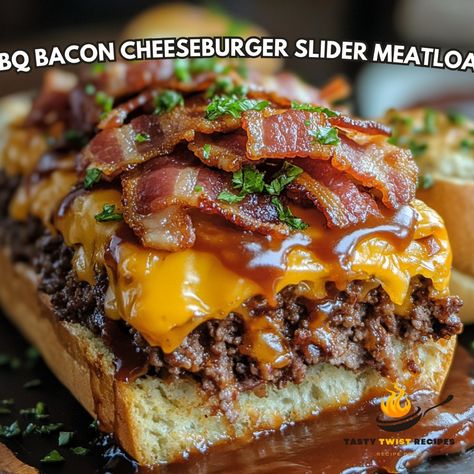 🍔🥓✨ Elevate your burger game with this BBQ Bacon Cheeseburger Slider Meatloaf! Perfect for your next gathering. BBQ Bacon Cheeseburger Slider Meatloaf Ingredients: - 1 lb ground beef - 1/2 cup breadcrumbs - 1/4 cup BBQ sauce - 1/2 tsp garlic powder - 1/2 tsp onion powder - Salt and pepper to taste - 8 slices bacon - 4 slices cheddar cheese - Slider buns - Toppings of your choice Instructions: 1. Preheat oven to 375°F. 2. In a bowl, mix ground beef, breadcrumbs, BBQ sauce, garlic powder, o... Bacon Cheeseburger Sliders, Bbq Bacon Cheeseburger, Meatloaf Sliders, Bacon Sliders, Twist Recipes, Bacon Cheeseburger Meatloaf, Cozy Fall Recipes, Meatloaf Ingredients, Cheeseburger Sliders