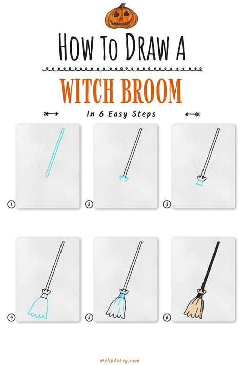 Step by step images demonstrating how to draw a Witch's Broom Drawing - A Drawing Tutorial for Beginners! How To Draw A Witches Broom, How To Draw A Witch On A Broom, How To Draw A Witch, Witch Broom Drawing, Broom Drawing, Halloween Things To Draw, Lunchbox Doodles, Activity Therapy, Easy Halloween Drawings