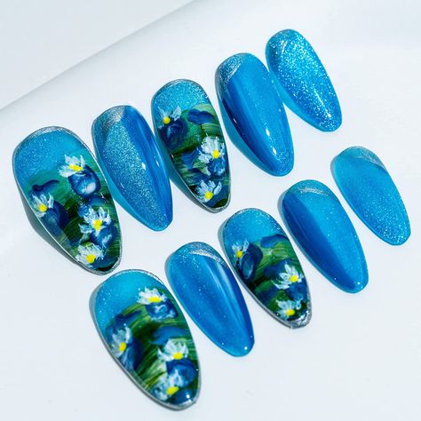 Sun&Beam Nails Handmade Medium Long Almond Blue False Nail Tips with Cute 3D Flower Popular Charm Design Press On Nails 10 Pcs Summer nails, Holiday Nails Nail Medium, Lily Nails, Nails Holiday, Long Almond, Monet Water Lilies, Nail Remover, Green Paintings, Beautiful Nail Art, False Nail