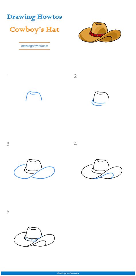 How to Draw a Cowboy Hat - Step by Step Easy Drawing Guides - Drawing Howtos Western Drawing Ideas Easy, Cowboy Drawings Easy, Western Easy Drawing, How To Draw Western Things, Draw Cowboy Hat, Hats Drawing Reference, How To Paint A Cowboy Hat, How To Draw A Cowboy Hat Step By Step, How To Draw A Cowboy Hat Easy