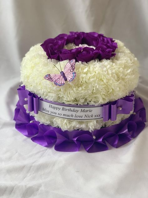 Birthday Cake Memorial Flowers | Silky Bouquets Ltd Birthday Cemetery Decorations, Graveside Decorations, Birthday Flowers Arrangements, Flower Birthday Cake, Piping Tutorial, Wreath Cake, Homemade Decorations, Cake Bouquet, Diy Floral Wreath