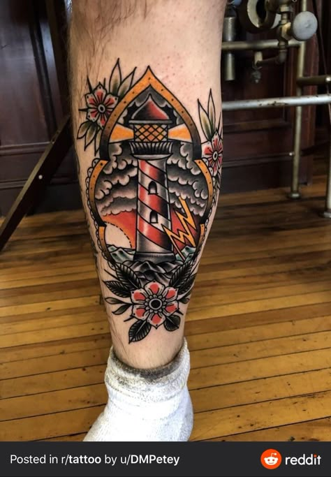 Neo Traditional Lighthouse Tattoo, Traditional Leg Tattoo Men, Old School Lighthouse Tattoo, Lighthouse Traditional Tattoo, Lighthouse Tattoo Traditional, American Traditional Lighthouse Tattoo, American Traditional Lighthouse, Light House Tattoo, Tattoo Lighthouse