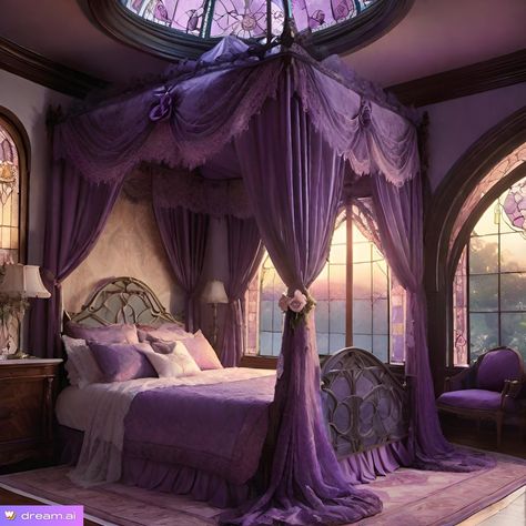 Purple Gothic Bedroom, Gothic Bedroom Aesthetic, Purple Canopy, Purple Pictures, Purple Bedroom Decor, Fancy Bedroom, 4 Poster Beds, Purple Gothic, Dream Bedroom Inspiration