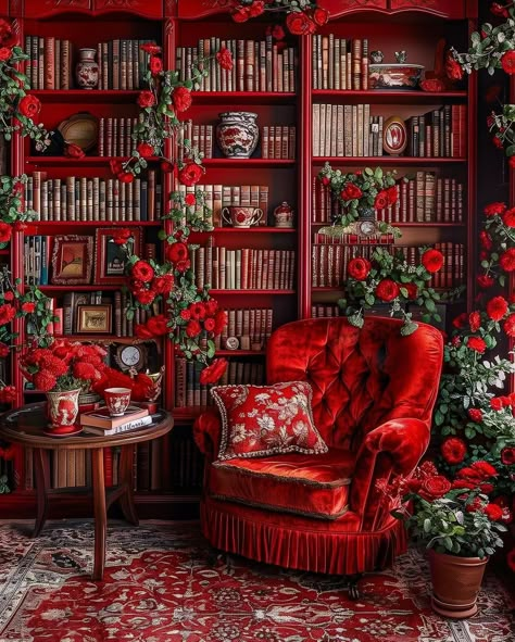 Red Office Aesthetic, Red Library Aesthetic, Red House Interior, Goth Living Room, Red Living Room, Red Office, Cottage Style Kitchen, Rose Bedding, Wine Glass Crafts