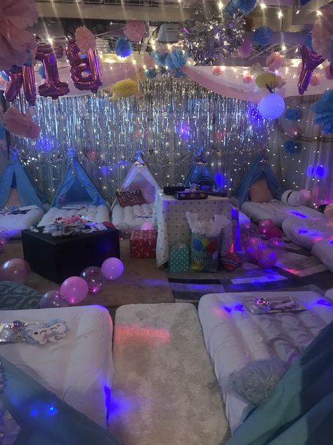 Disco Sleepover Party, Galaxy Sleepover Party, Slumber Party Ideas For Girls Sleepover Tent, Asthetic Sleepover Tents, Dti Theme Glamping (but With Glam), Teepee Sleepover Party Themes, Purple Teepee Sleepover Party, Girls Sleepover Party, Birthday Sleepover Ideas