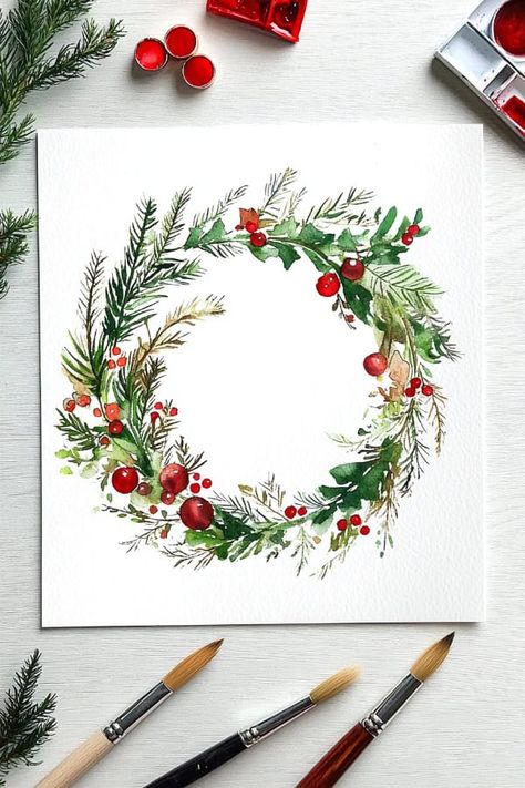 25 Watercolor Christmas Cards Ideas for DIY Holiday Inspiration Xmas Watercolor Easy, Christmas Wreath Watercolor Tutorial, Christmas Themed Watercolor Paintings, Easy Christmas Card Painting, Watercolor Christmas Wreath Tutorial, Wreath Christmas Card, Christmas Watercolor Wreath, Watercolour Christmas Wreath, Watercolor Wreath Tutorial