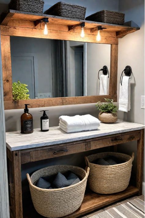 Farmhouse-style bathroom vanity with a distressed paint finish and open shelving Do It Yourself Bathroom Vanity, Open Bathroom Vanity Ideas, Modern Farmhouse Guest Bathroom Ideas, Vanity Outside Of Bathroom, Farmhouse Vanity Ideas, Diy Farmhouse Vanity, Diy Double Vanity, Farm Bathroom Ideas, Upcycled Bathroom Vanity